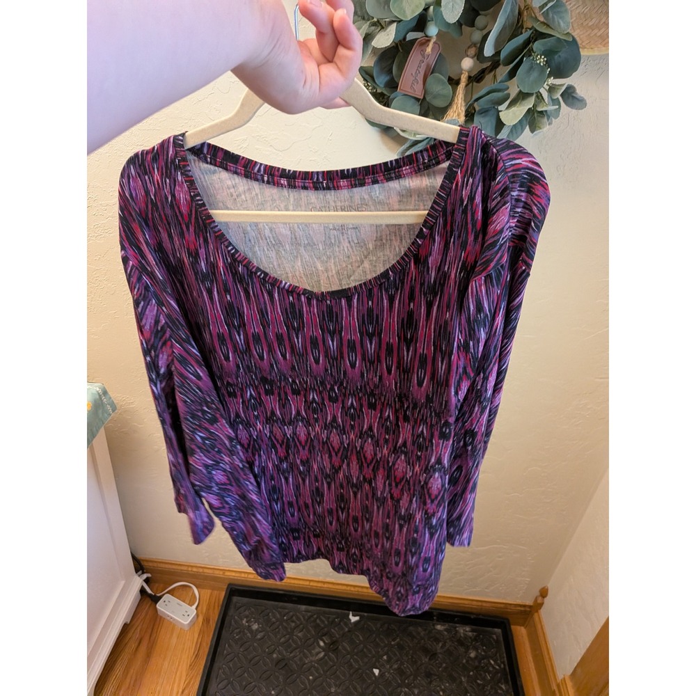 Catherines Womens Purple Ikat Geometric Print Long Sleeve Scoop Neck Top Plus